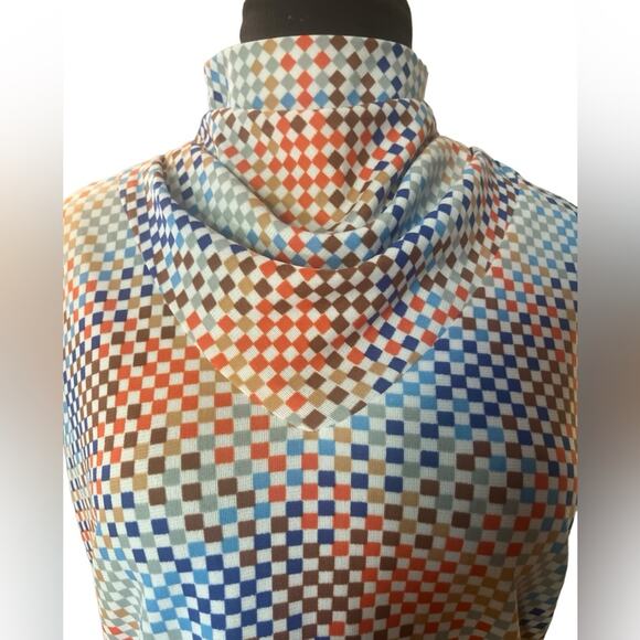 Vtg 70s Retro Mock Neck Cubist Retro Rainbow Check Sleeveless Groovy Tunic Top M - Picture 2 of 6